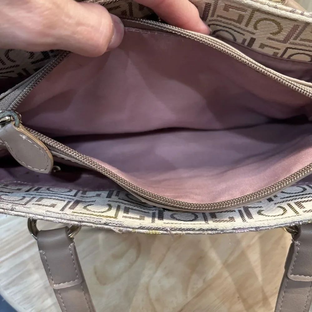 Vintage Liz Claiborne Handbag Beige Silver Two Handle Monogram Satchel Y2K